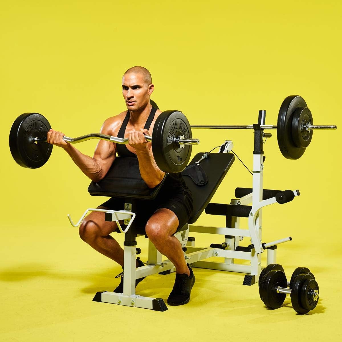 Gorilla Sports Hantelbank mit Gewichten, 170 cm Stange und Hantelset