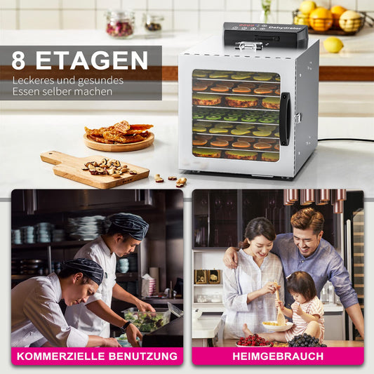 Lecon Dehydrator Stainless Steel Dehydrator Food 30-90°C, 24-Hour Timer Dehydrator for Food, Meat, Fruit, Vegetable Dryer, Fruit Dryer, Dehydrator with Apron, Sealed Tank (8 Levels)
