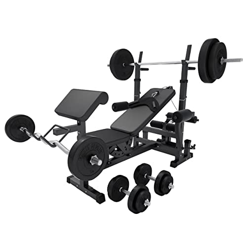 Gorilla Sports Hantelbank mit Gewichten, 170 cm Stange und Hantelset
