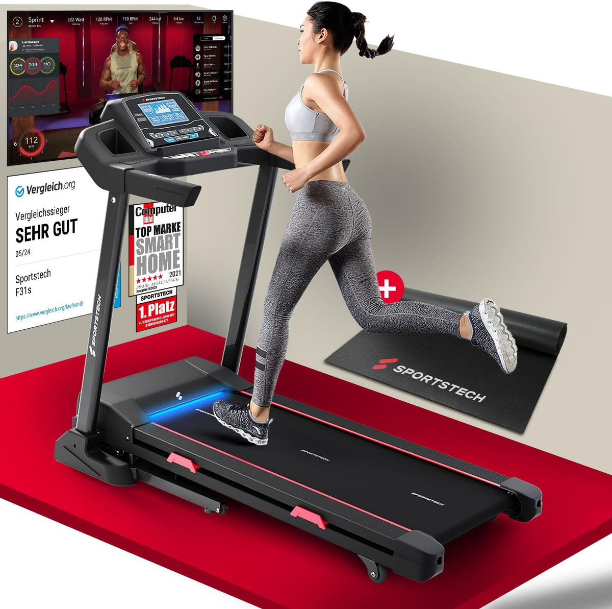 Sportstech F31s: Klappbares Laufband für Zuhause mit App, Bluetooth & LED