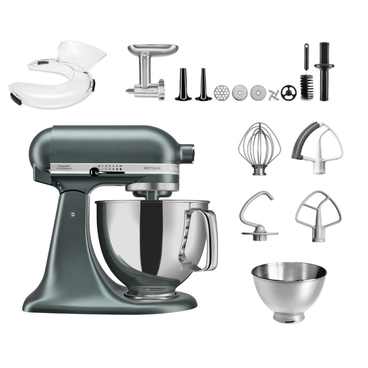 KitchenAid 4,8 L 5KSM175 Artisan Küchenmaschine Meatlover mit Ganzmetall- Fleischwolf